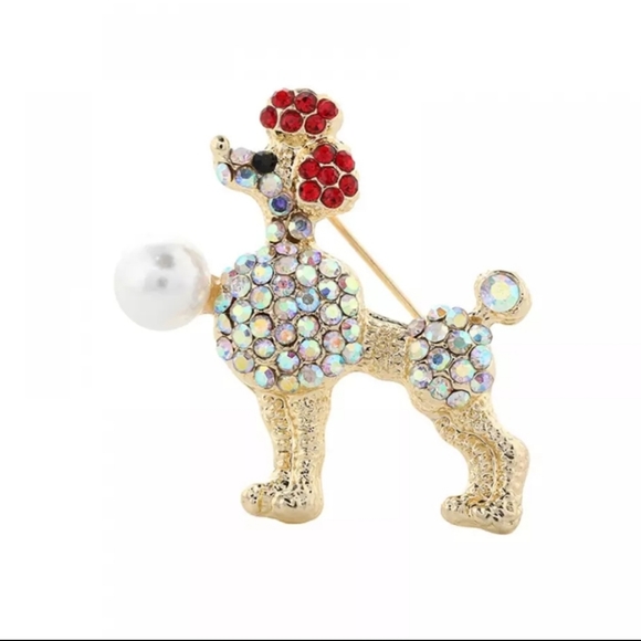 Gold plated pink and white crystal pearl poodle necklace/brooch - Picture 10 of 12